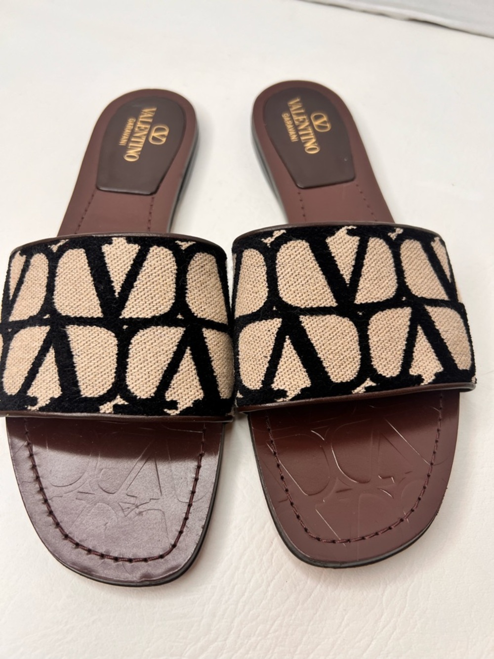 Valentino Beige & Black Logo Jacquard Slide Mules sandals